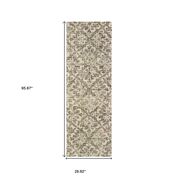 8' Brown And Ivory Wool Floral Hand Tufted Runner Rug