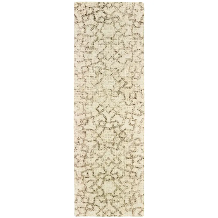 8' Tan And Ivory Wool Geometric Hand Tufted Runner Rug