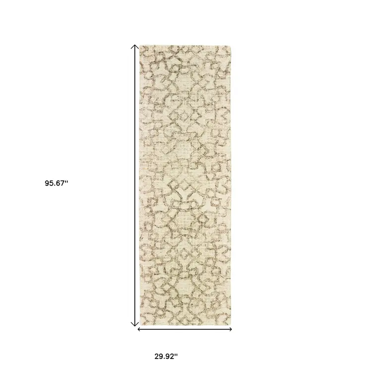 8' Tan And Ivory Wool Geometric Hand Tufted Runner Rug