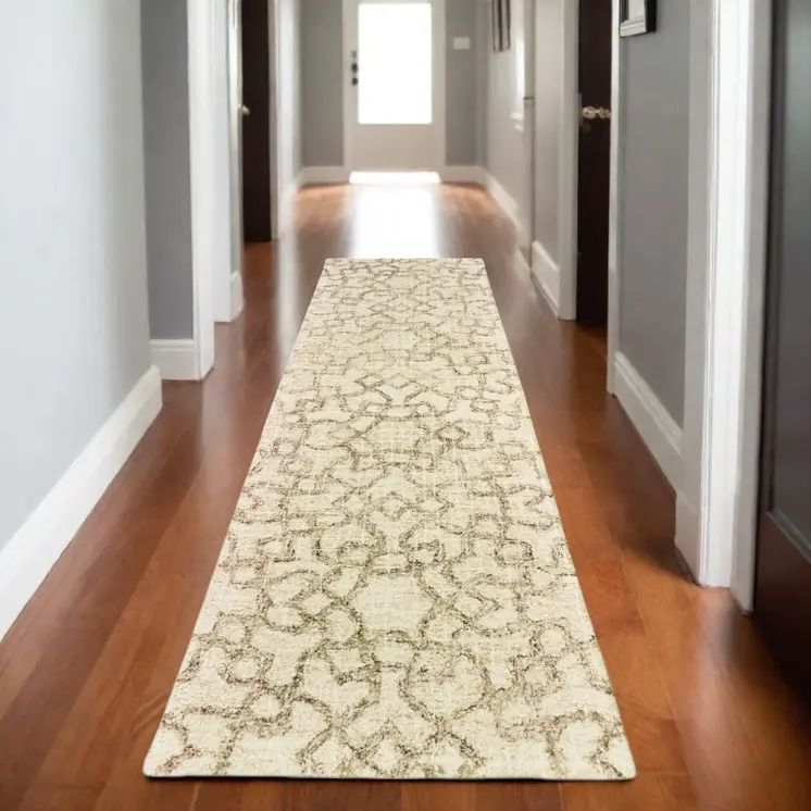 8' Tan And Ivory Wool Geometric Hand Tufted Runner Rug
