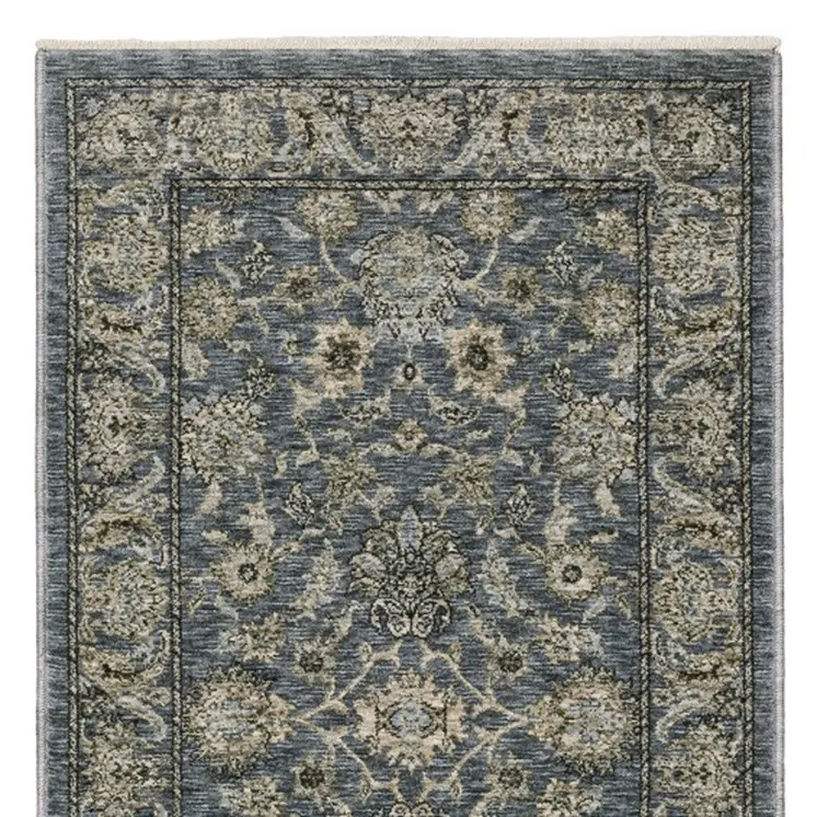 8' Blue And Beige Oriental Runner Rug With Fringe