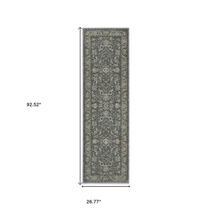 8' Blue And Beige Oriental Runner Rug With Fringe