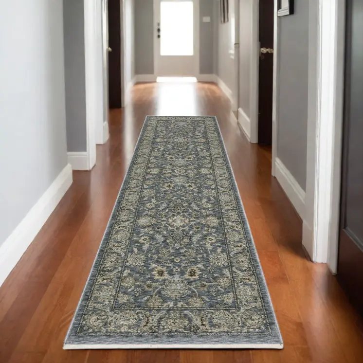 8' Blue And Beige Oriental Runner Rug With Fringe