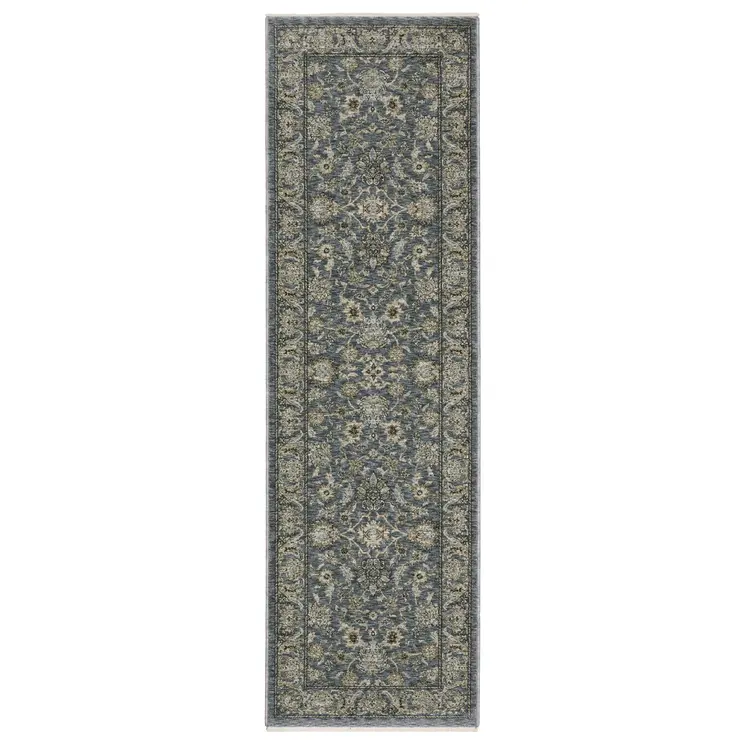 8' Blue And Beige Oriental Runner Rug With Fringe