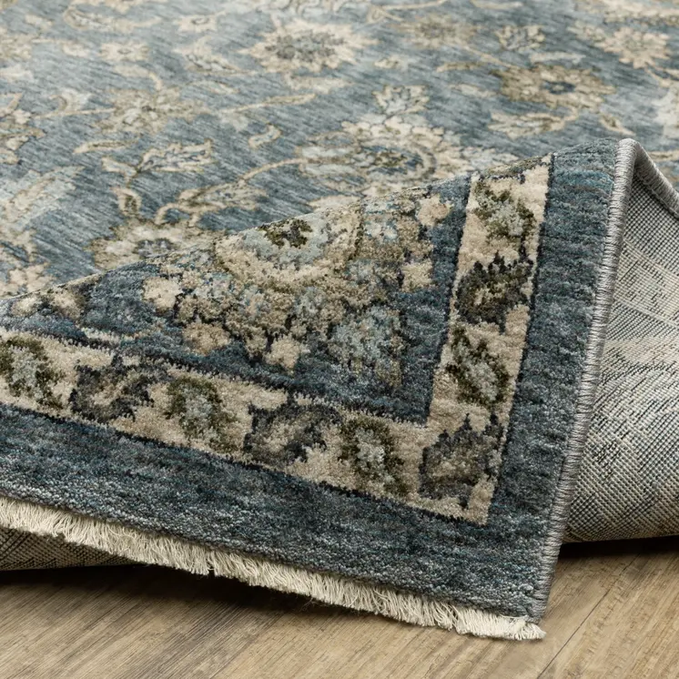 8' Blue And Beige Oriental Runner Rug With Fringe