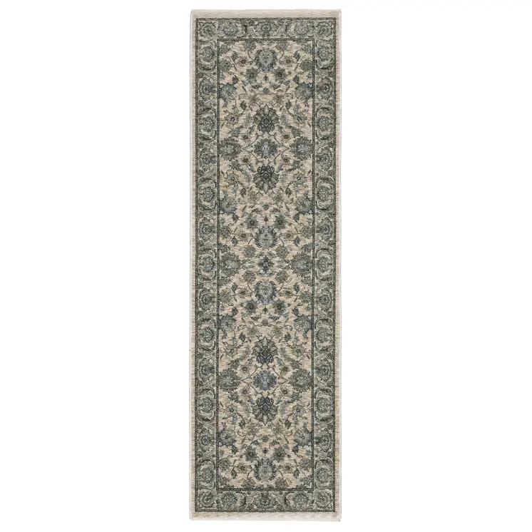 8' Beige And Blue Oriental Runner Rug With Fringe