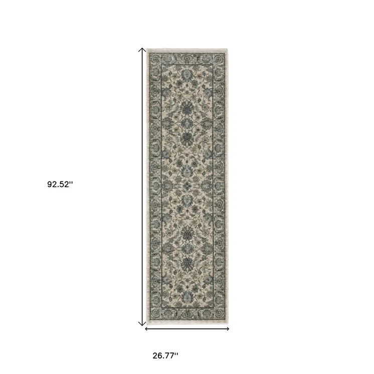 8' Beige And Blue Oriental Runner Rug With Fringe
