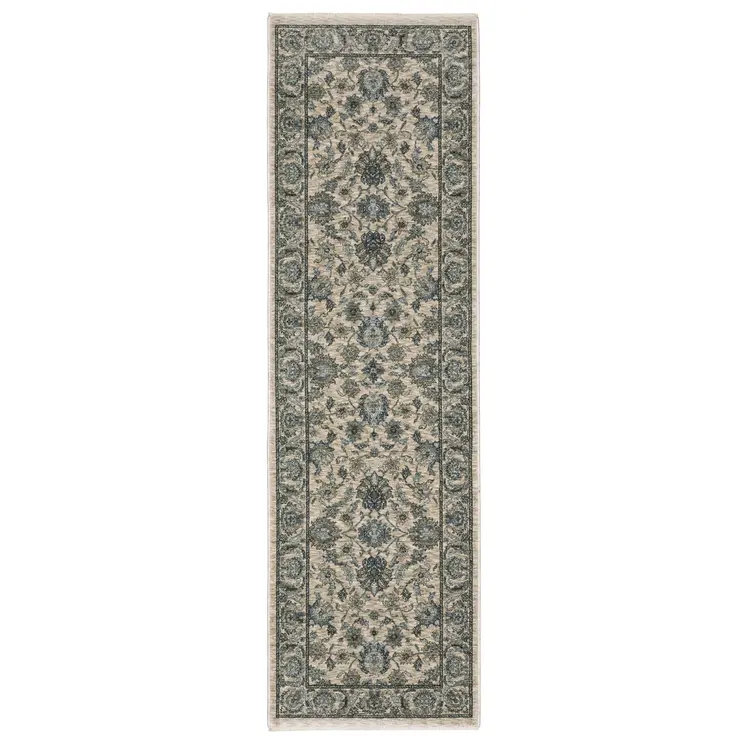 8' Beige And Blue Oriental Runner Rug With Fringe