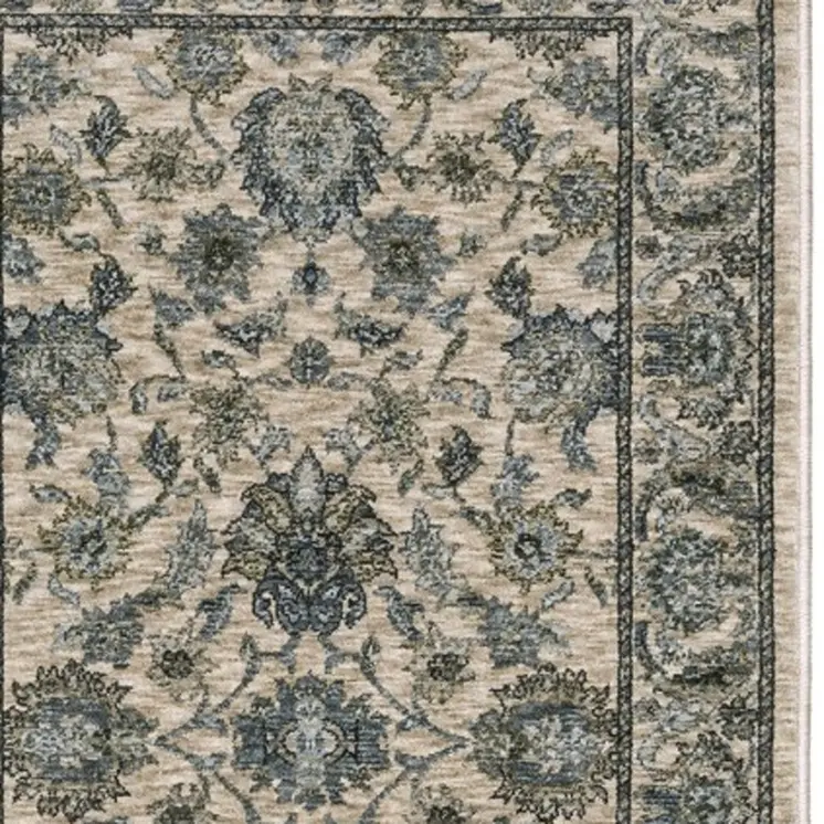 8' Beige And Blue Oriental Runner Rug With Fringe