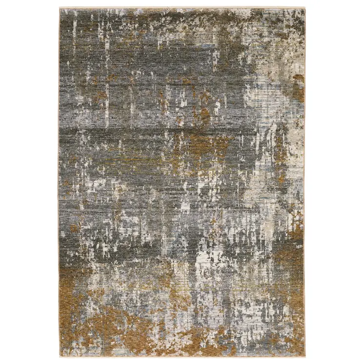 7' X 10' Gray And Gold Abstract Area Rug With Fringe