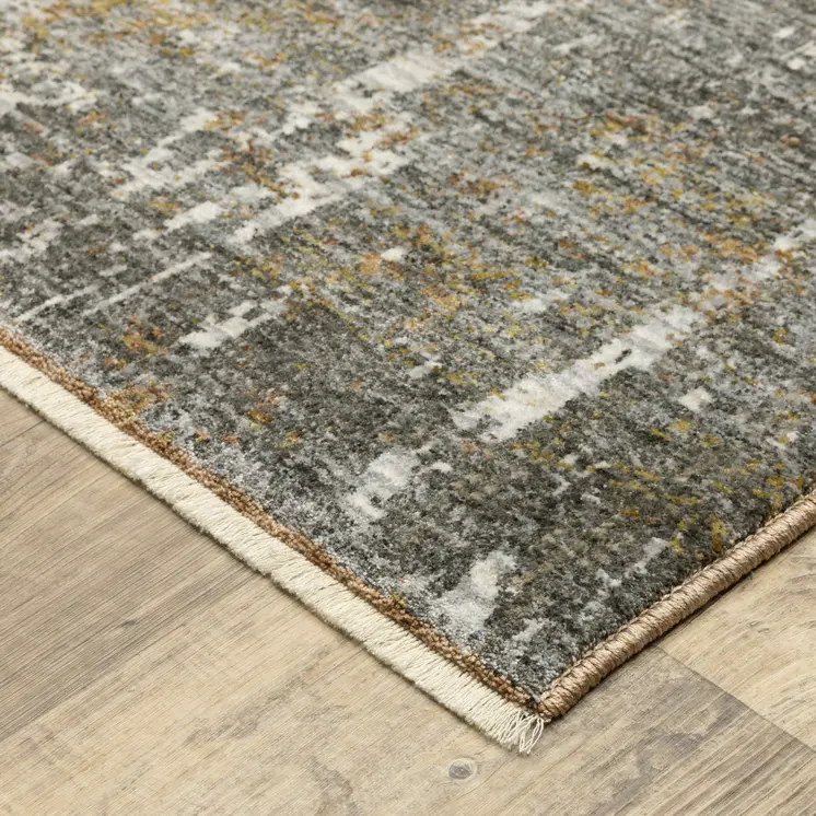 7' X 10' Gray And Gold Abstract Area Rug With Fringe