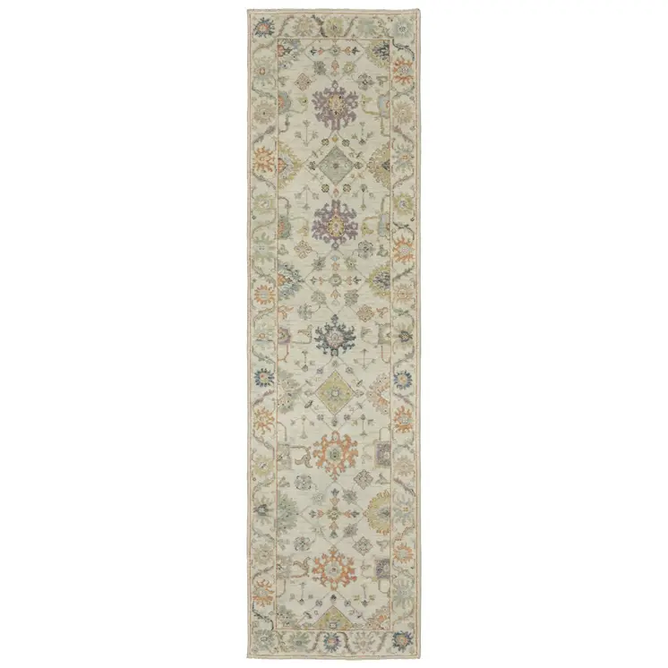 10' Beige And Green Wool Oriental Hand Knotted Runner Rug With Fringe