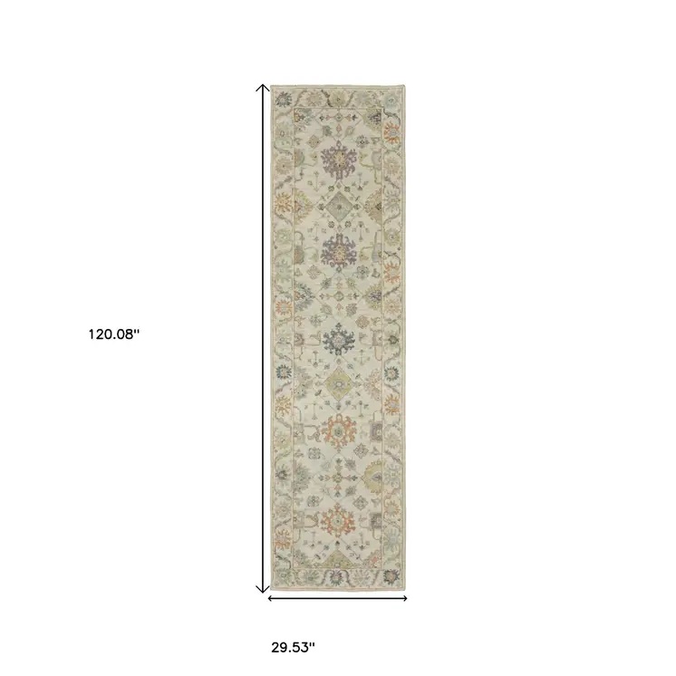 10' Beige And Green Wool Oriental Hand Knotted Runner Rug With Fringe