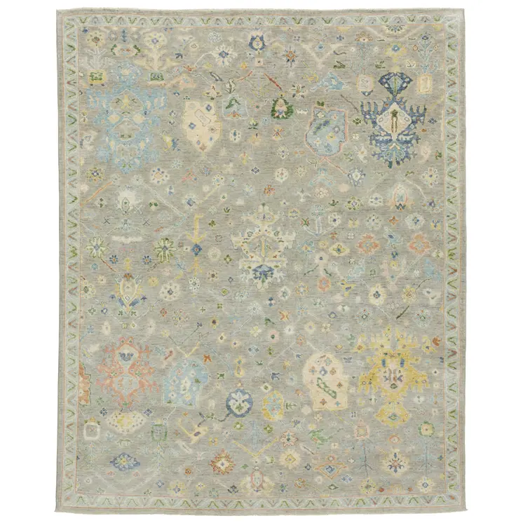 6' X 9' Gray Yellow And Green Wool Oriental Hand Knotted Area Rug With Fringe