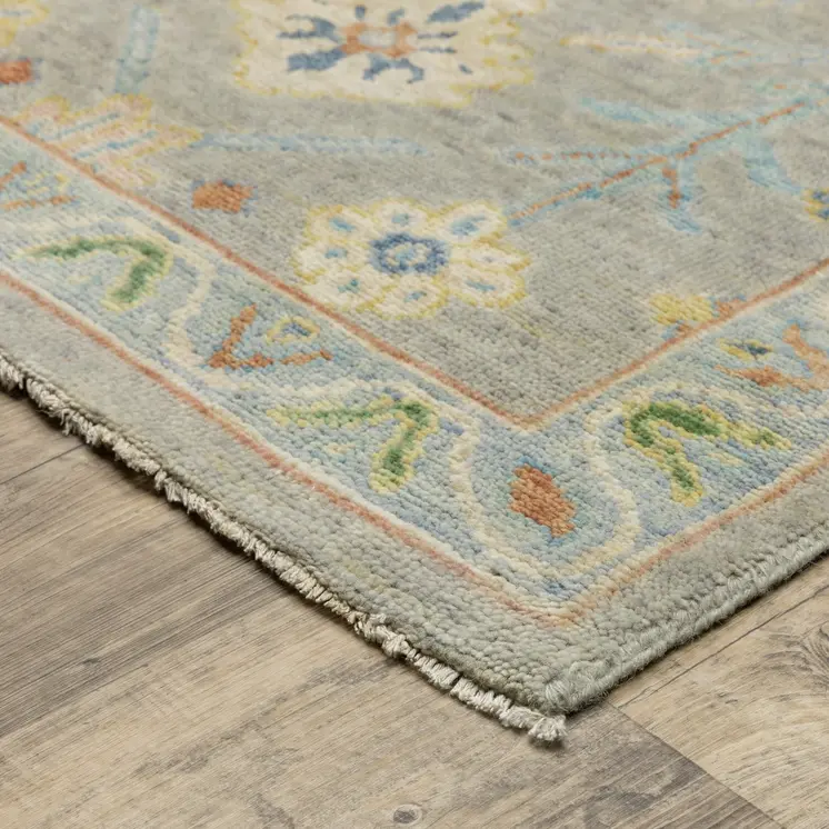 6' X 9' Gray Yellow And Green Wool Oriental Hand Knotted Area Rug With Fringe
