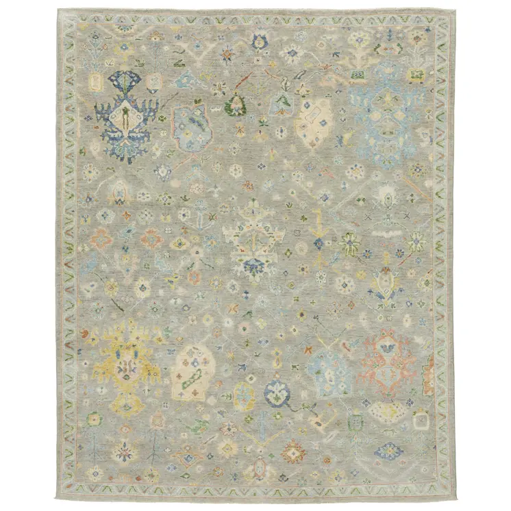 6' X 9' Gray Yellow And Green Wool Oriental Hand Knotted Area Rug With Fringe