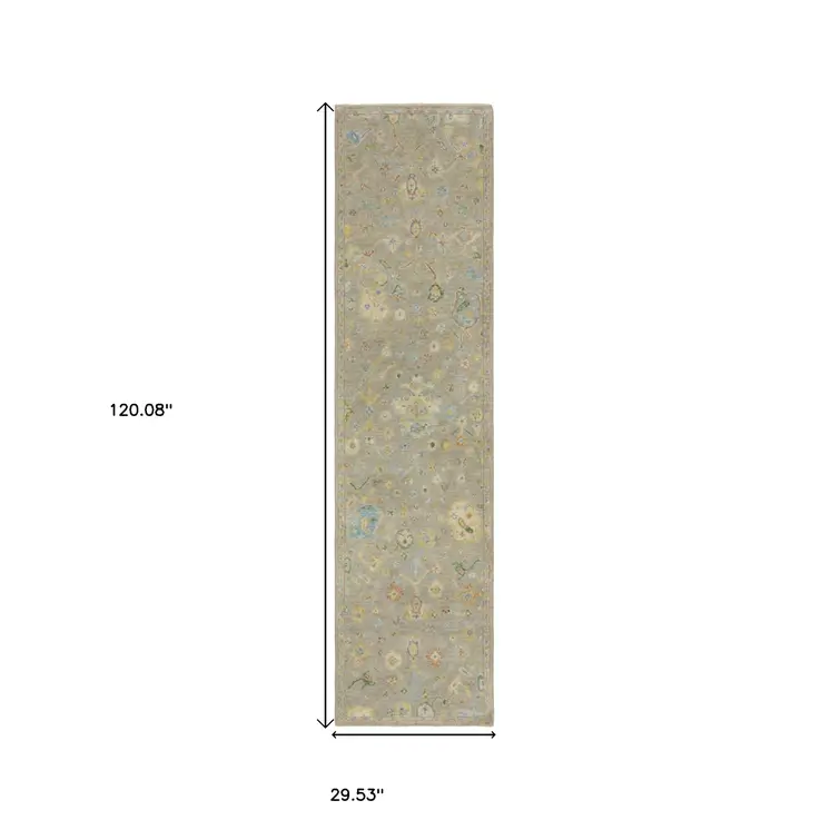 10' Gray Yellow And Green Wool Oriental Hand Knotted Runner Rug With Fringe