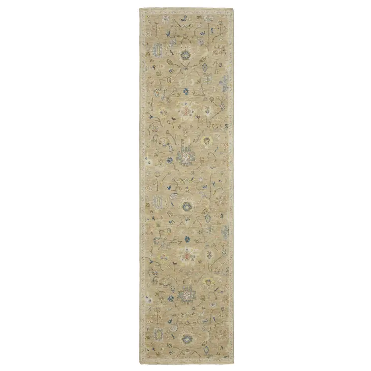 10' Beige Blue And Ivory Wool Oriental Hand Knotted Runner Rug With Fringe