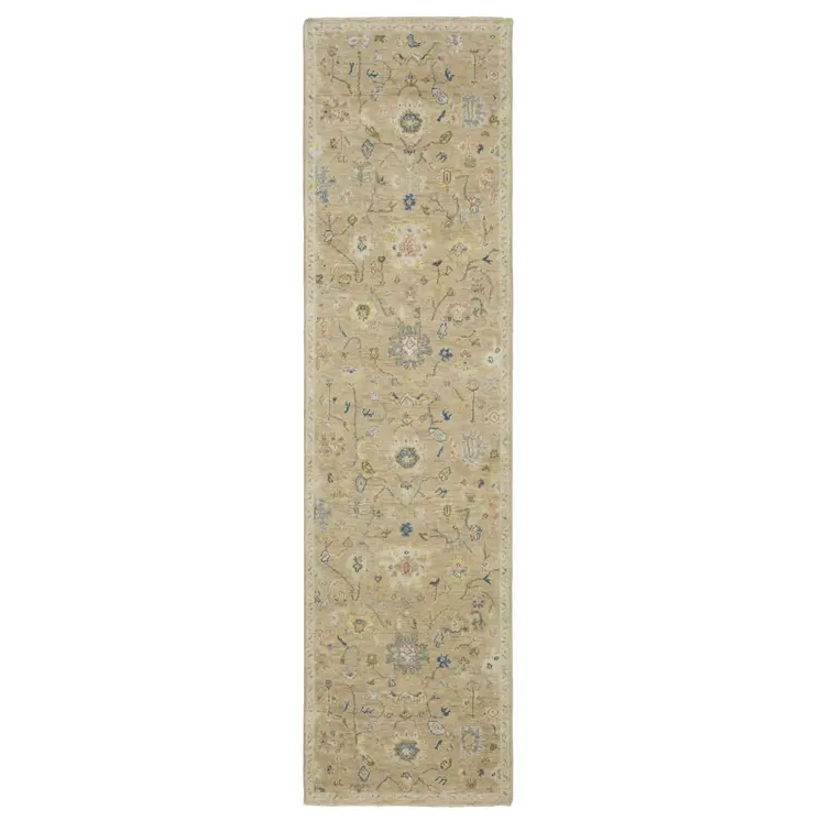 10' Beige Blue And Ivory Wool Oriental Hand Knotted Runner Rug With Fringe