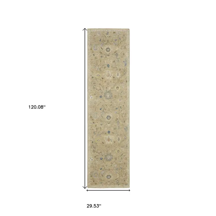 10' Beige Blue And Ivory Wool Oriental Hand Knotted Runner Rug With Fringe
