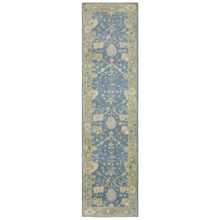 10' Blue And Green Wool Oriental Hand Knotted Runner Rug With Fringe
