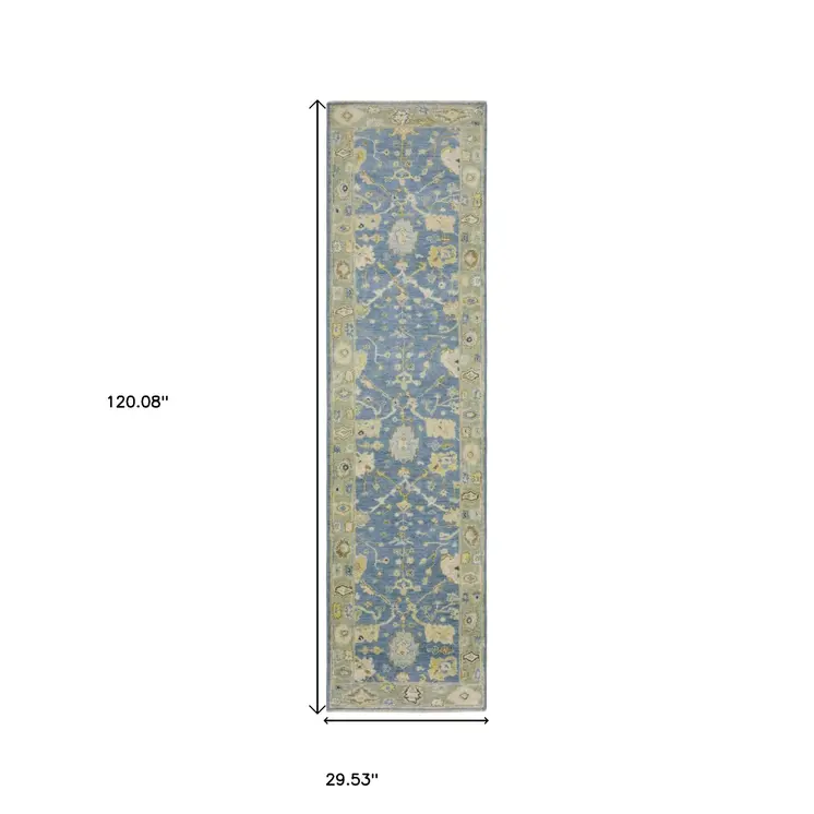 10' Blue And Green Wool Oriental Hand Knotted Runner Rug With Fringe