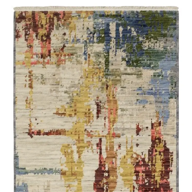 12' Beige Yellow And Salmon Abstract Runner Rug With Fringe