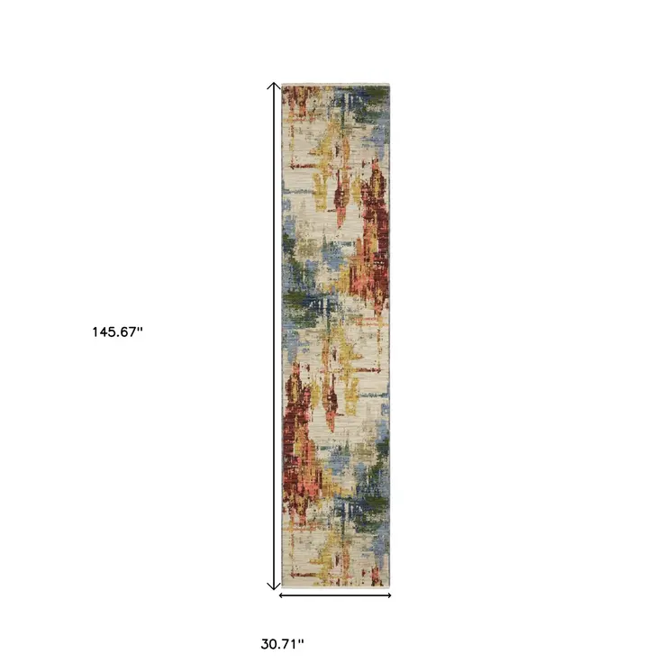 12' Beige Yellow And Salmon Abstract Runner Rug With Fringe