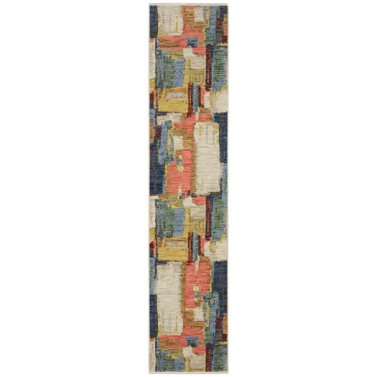 12' Pink Yellow And Dark Blue Abstract Runner Rug With Fringe