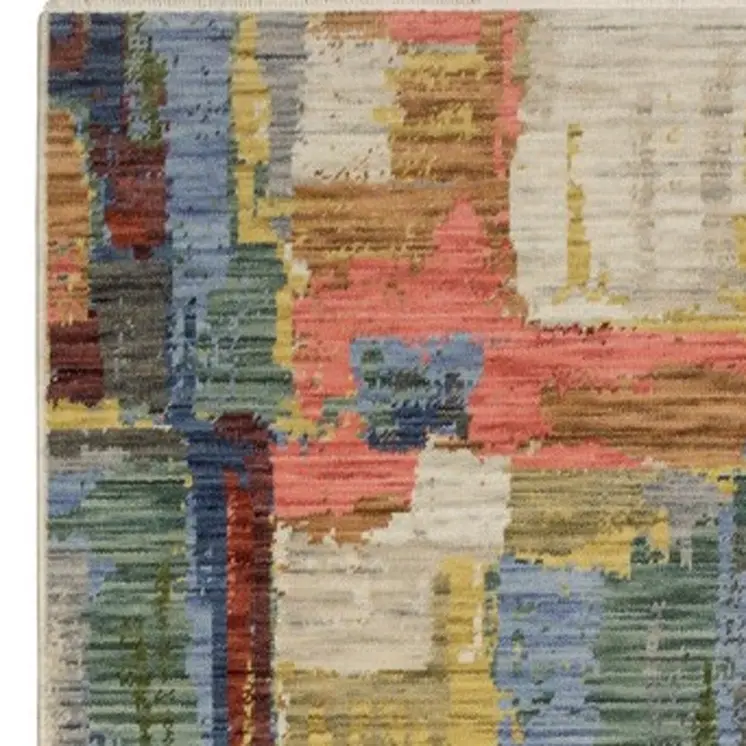 12' Pink Yellow And Dark Blue Abstract Runner Rug With Fringe
