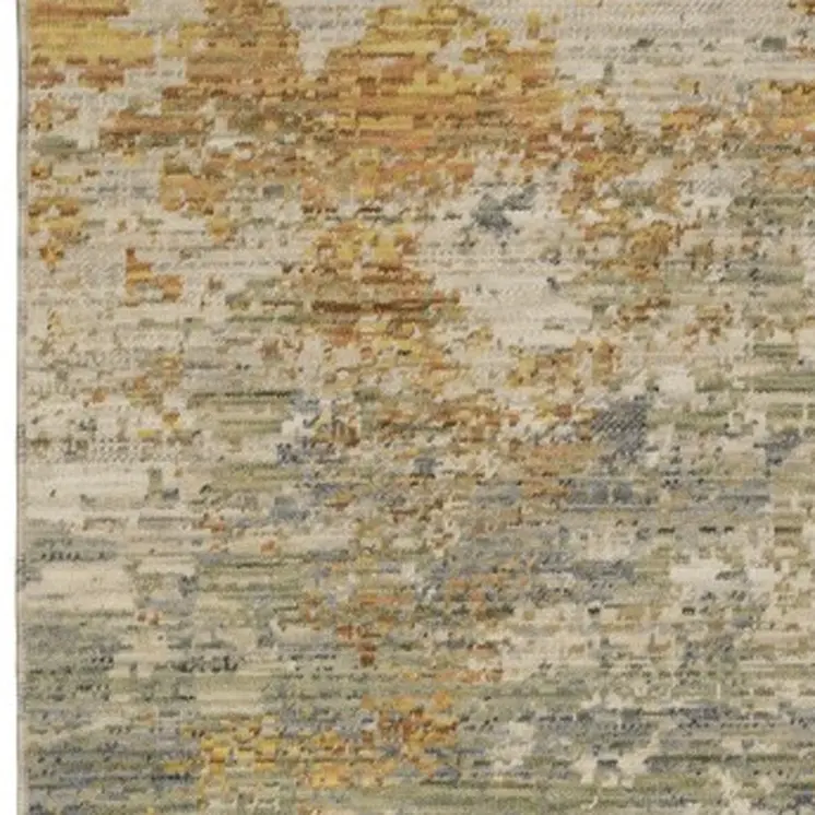 12' Beige And Gold Abstract Runner Rug With Fringe