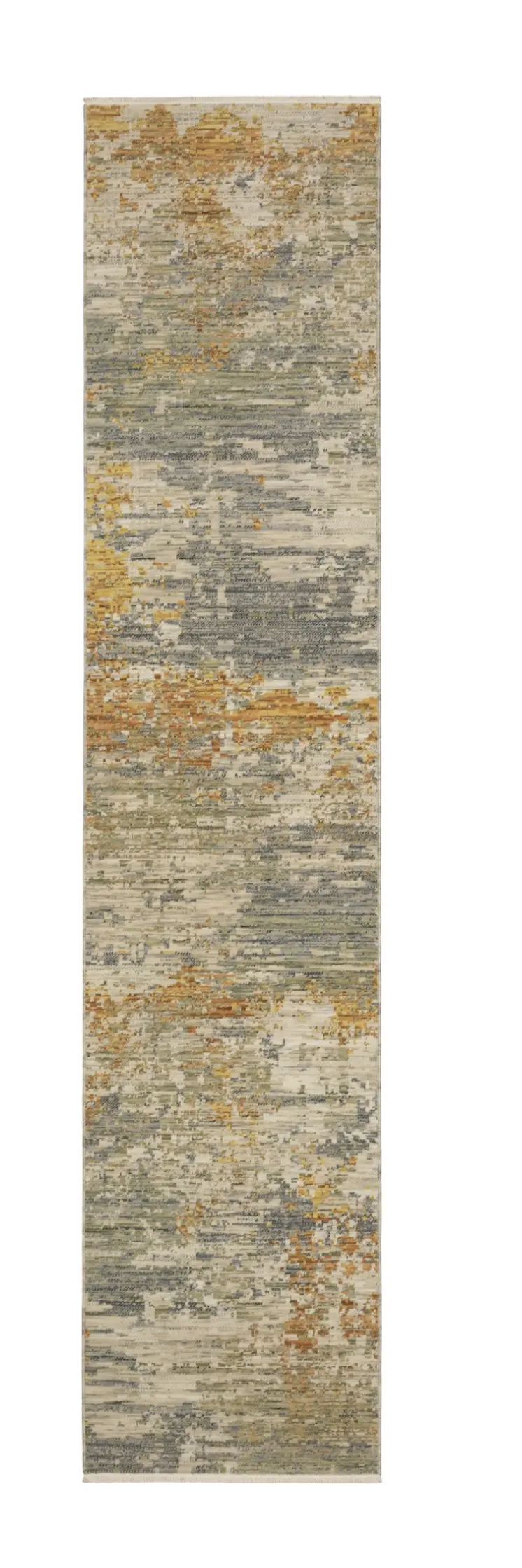 12' Beige And Gold Abstract Runner Rug With Fringe