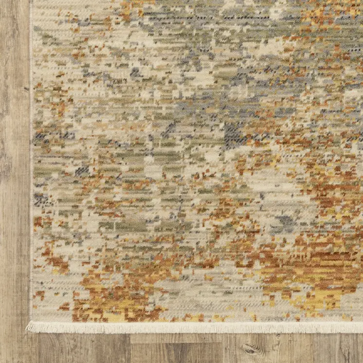 12' Beige And Gold Abstract Runner Rug With Fringe