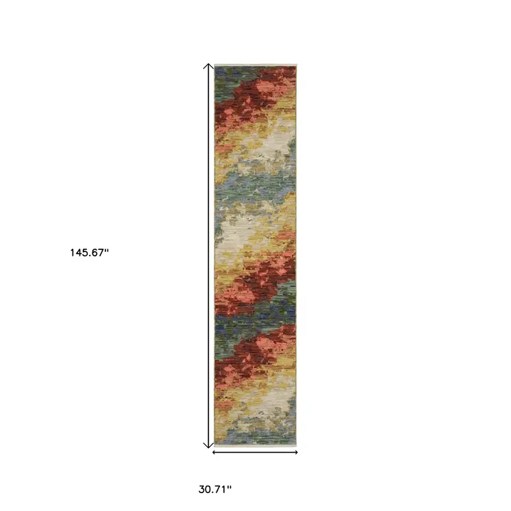12' Beige Salmon And Yellow Abstract Runner Rug With Fringe
