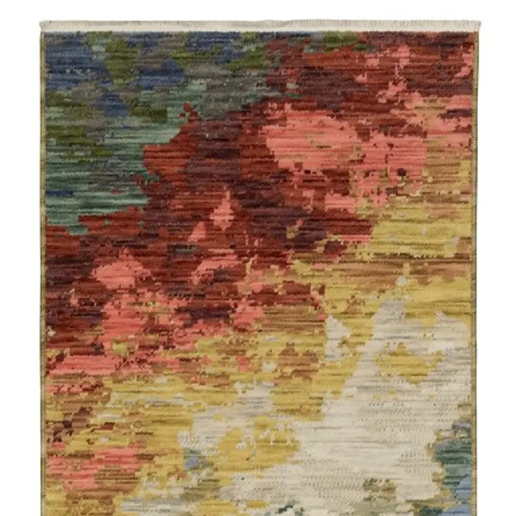 12' Beige Salmon And Yellow Abstract Runner Rug With Fringe