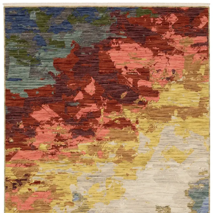 7' X 10' Beige Salmon And Yellow Abstract Area Rug With Fringe