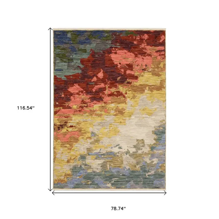 7' X 10' Beige Salmon And Yellow Abstract Area Rug With Fringe