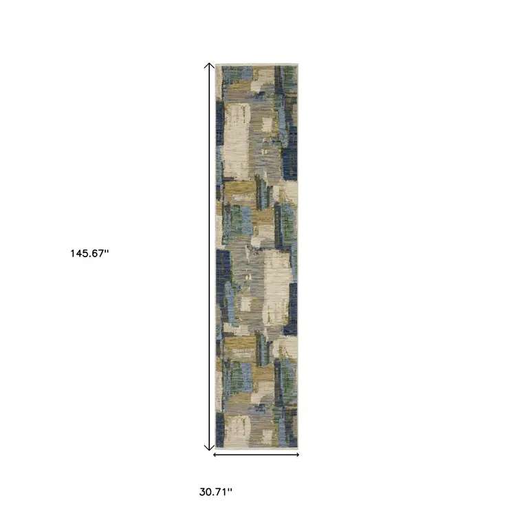 12' Blue And Green Abstract Runner Rug With Fringe