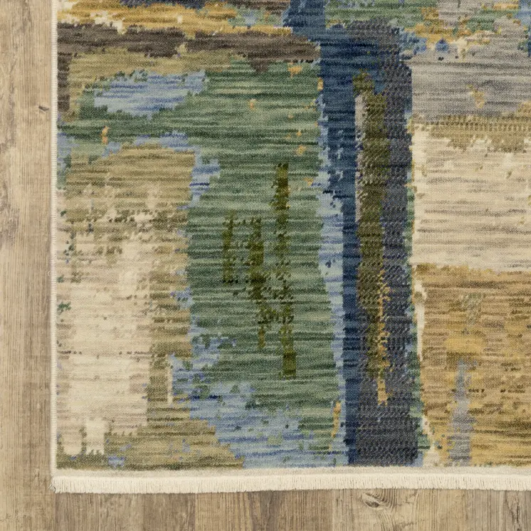 12' Blue And Green Abstract Runner Rug With Fringe