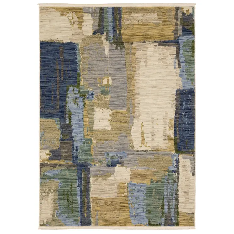 7' X 10' Blue And Green Abstract Area Rug With Fringe