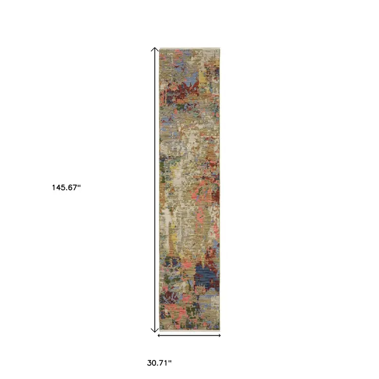 12' Beige Blue And Salmon Abstract Runner Rug With Fringe