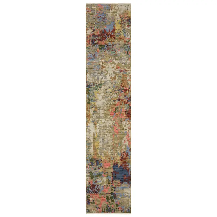 12' Beige Blue And Salmon Abstract Runner Rug With Fringe