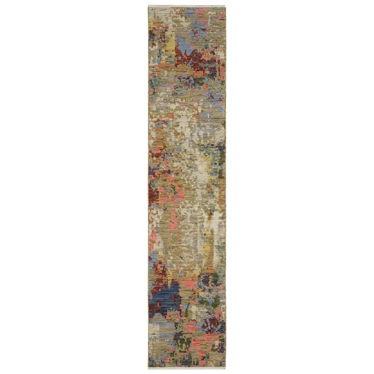 12' Beige Blue And Salmon Abstract Runner Rug With Fringe