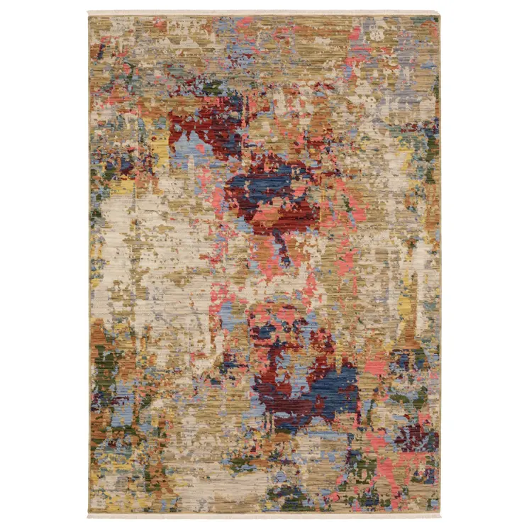 7' X 10' Beige Salmon And Yellow Abstract Area Rug With Fringe