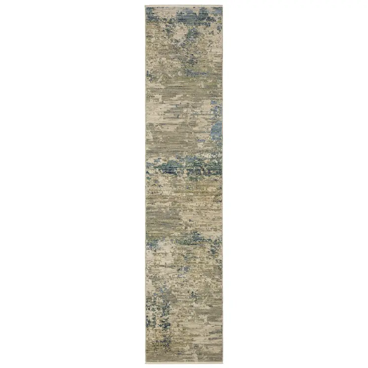 12' Beige And Blue Abstract Runner Rug With Fringe