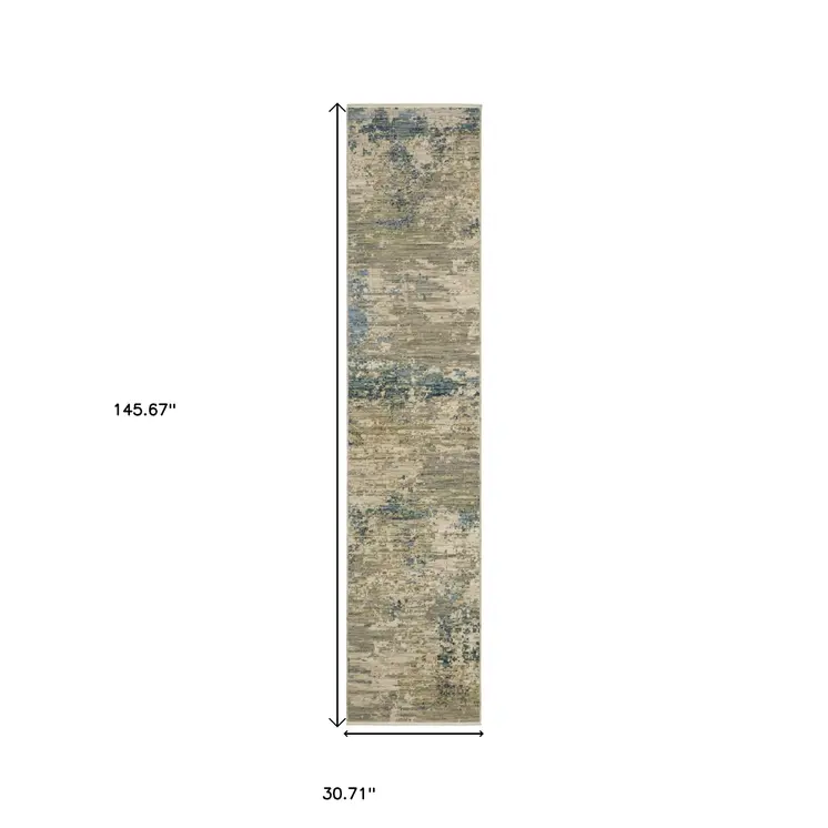 12' Beige And Blue Abstract Runner Rug With Fringe