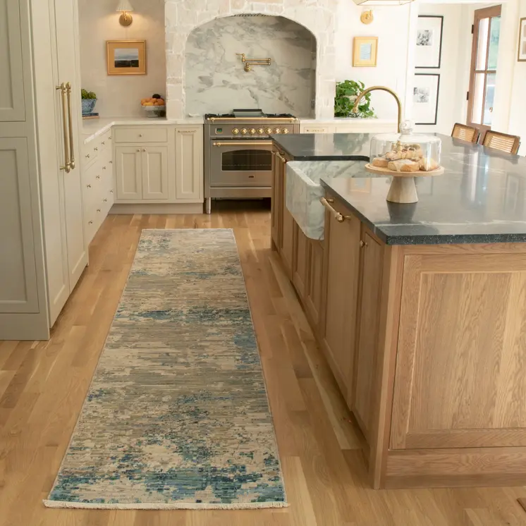 12' Beige And Blue Abstract Runner Rug With Fringe