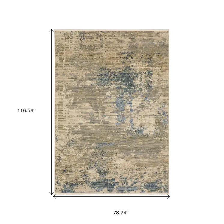 7' X 10' Beige And Blue Abstract Area Rug With Fringe