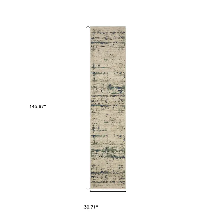 12' Beige And Green Abstract Runner Rug With Fringe