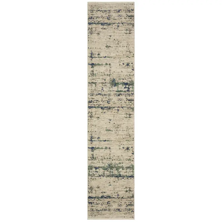 12' Beige And Green Abstract Runner Rug With Fringe